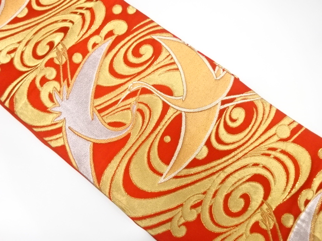 アンティーク　波に鶴模様織出し袋帯（着用可）